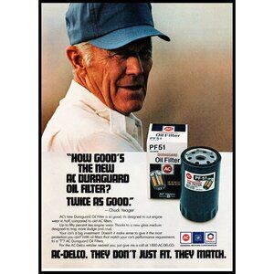 1989 AC Delco Oil Filter Vintage Print Ad Chuck Yeager Astronaut 80s Wall Art